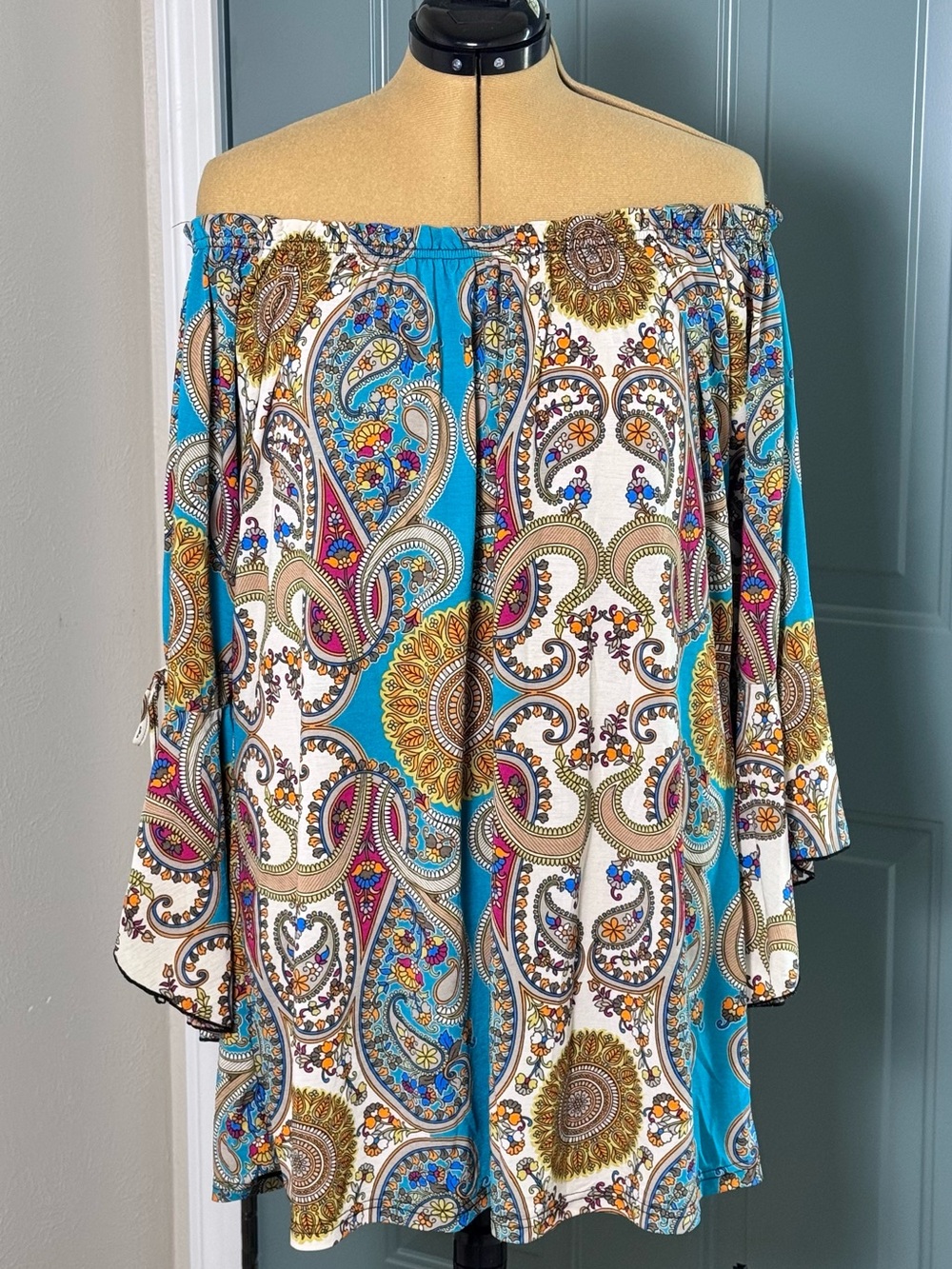 Boho Paisley Off Shoulder Bell Sleeve Tunic Top
